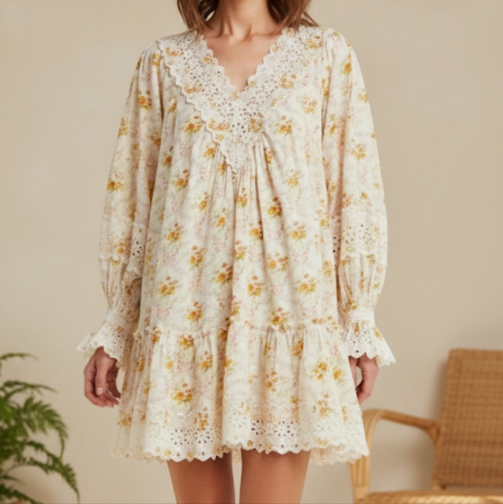 Ivory Floral Cotton V Neck Eyelet Trim Mini Dress in Wallpaper